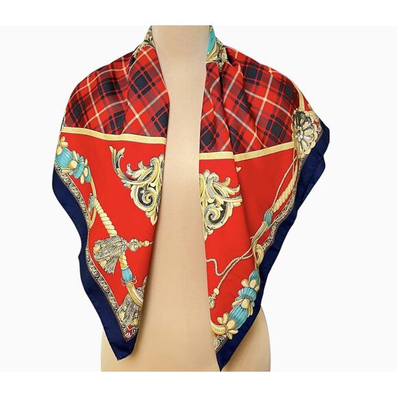 Womens Fashion Scarf Red Blue Gold Accent Tartan Rope Print Square 34x35 - Picture 1 of 11